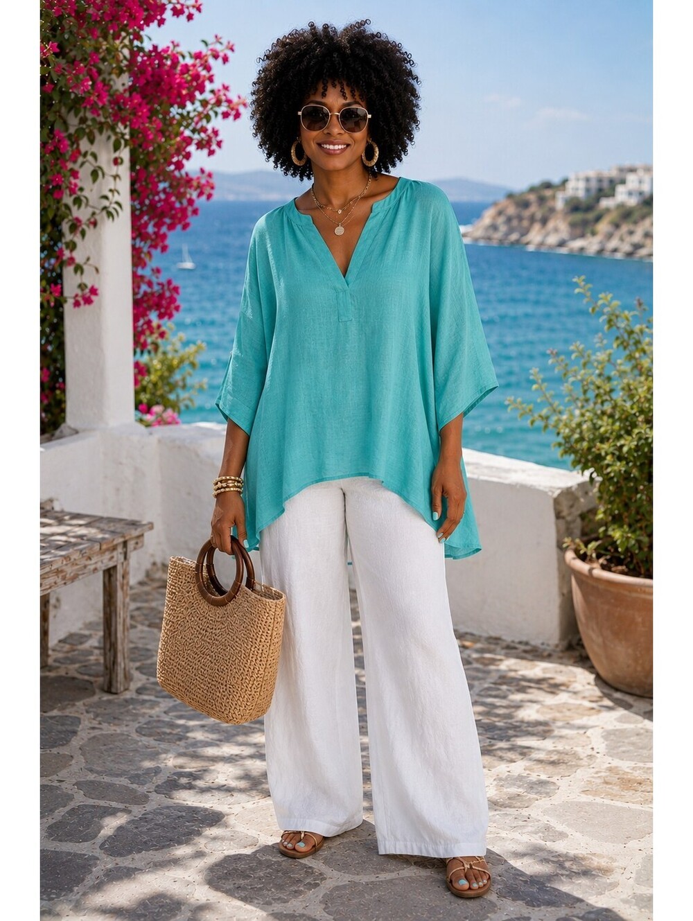 Jessica London Women's 28W Aqua Turquoise Linen Blend High-Low Tunic Breezy
